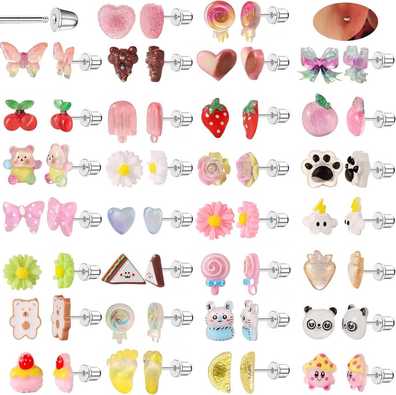 SYNLIN 30 Pairs Mini Screwback Earrings for Girls, Kids & Family – Flat Back Acrylic Earring with Stainless Steel Posts | Assorted Cute Charms | Secure Fit for Daily Wear & Parties - Image 1